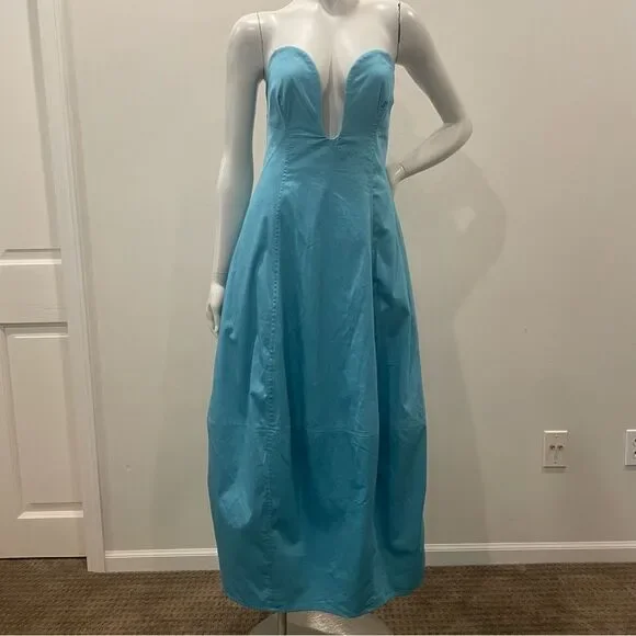 NWT CULT GAIA Chiara Sleeveless Blue Cotton-Blend Plunge Bubble Skirt Midi Dress - Picture 3 of 15